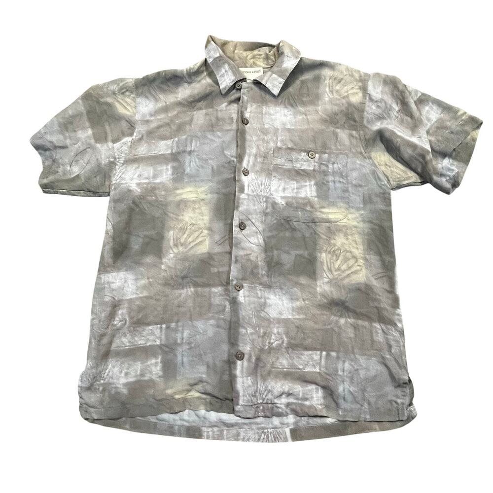 Joseph & Feiss Silk Shirt Beige Geometric Abstract Pattern Short Sleeve‎ Mens M
